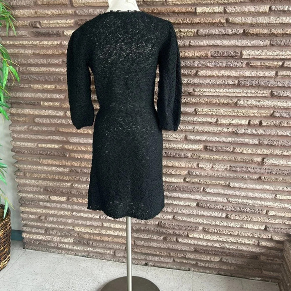 Vintage Black Boucle Handknit Dress Rhinestone Ribbon Detail - Picture 4 of 10